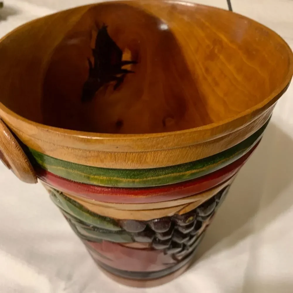 Hand carved & hand painted wooden vintage ice bucket
